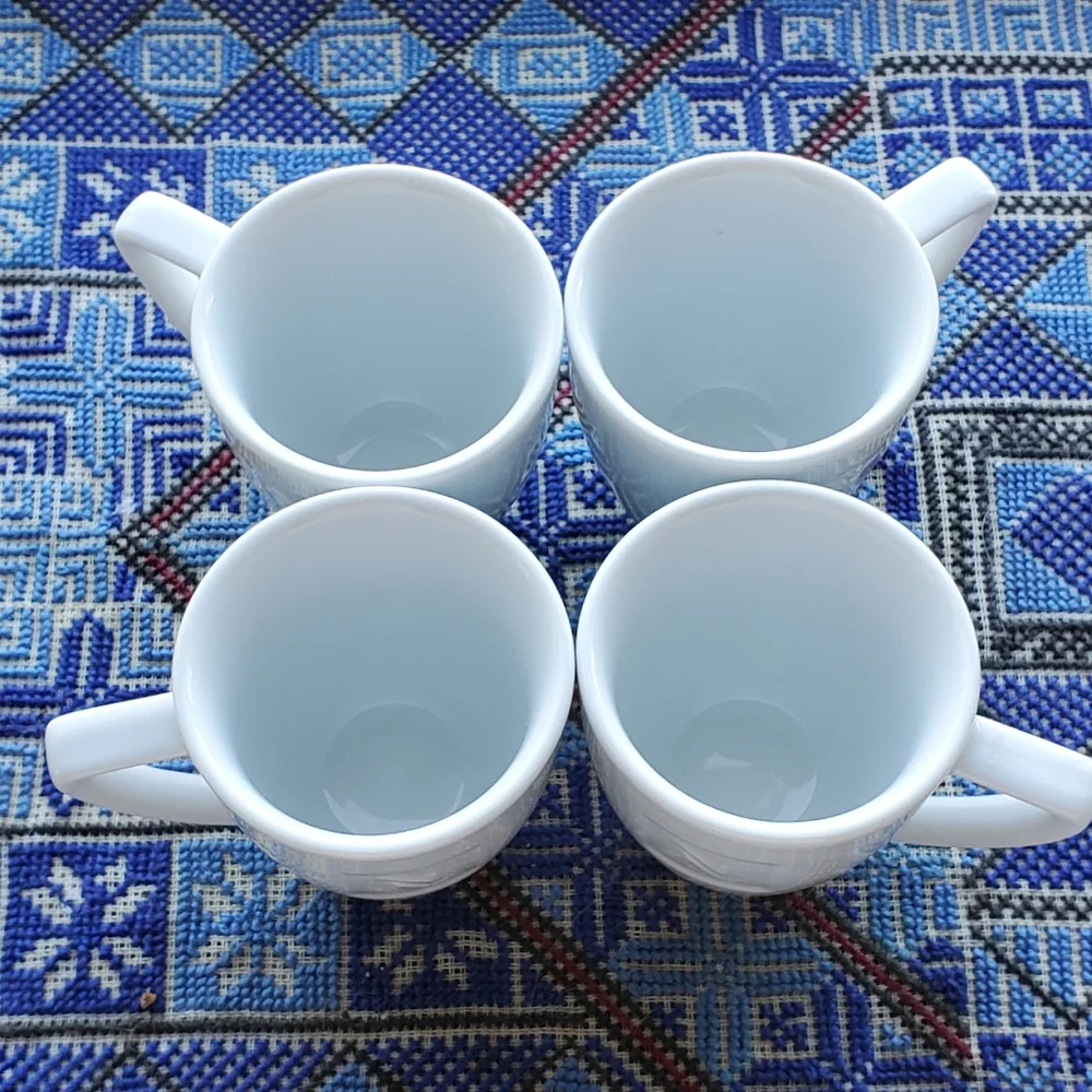 Set Of 4 Nespresso Demitasse Expresso White Mini Mugs Cups Embossed Logo 3